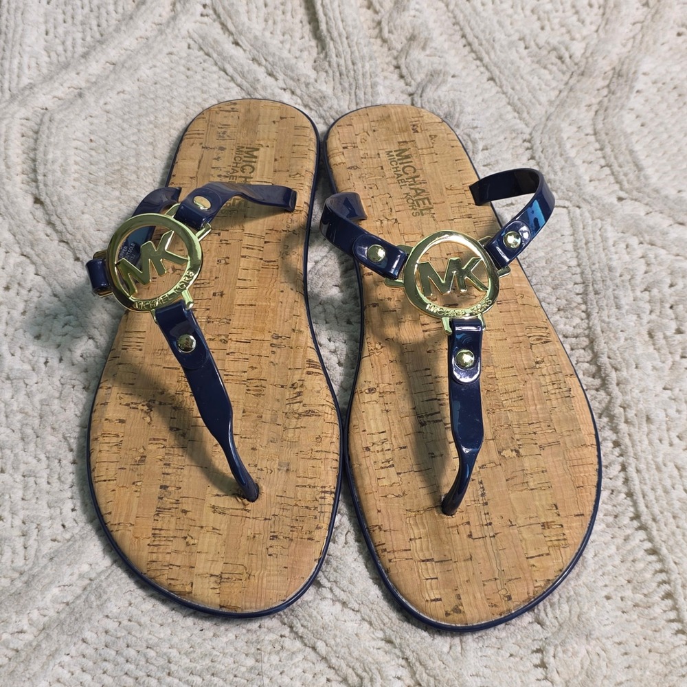 Michael Kors MK Plate Thong Sandals Navy Blue Cork Jelly Womens 8M Excellent